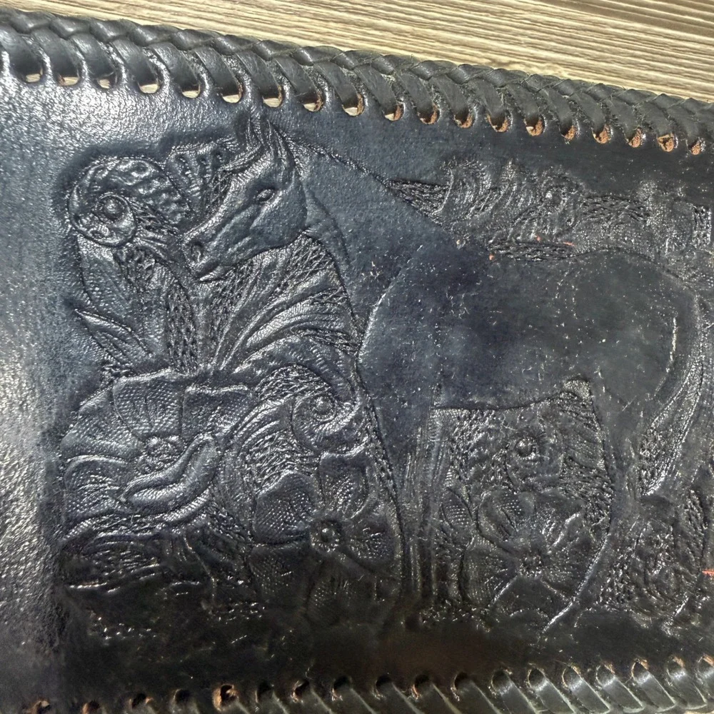 Vintage Tooled Leather Horse Wallet Western Cowboy Black Whipstitch Money Clip
